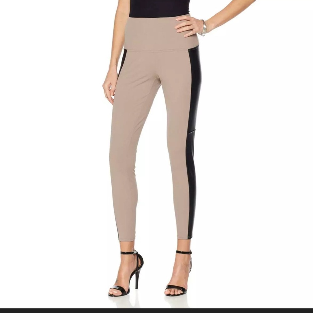Faux leather leggingsTaupe front, blk back size 16